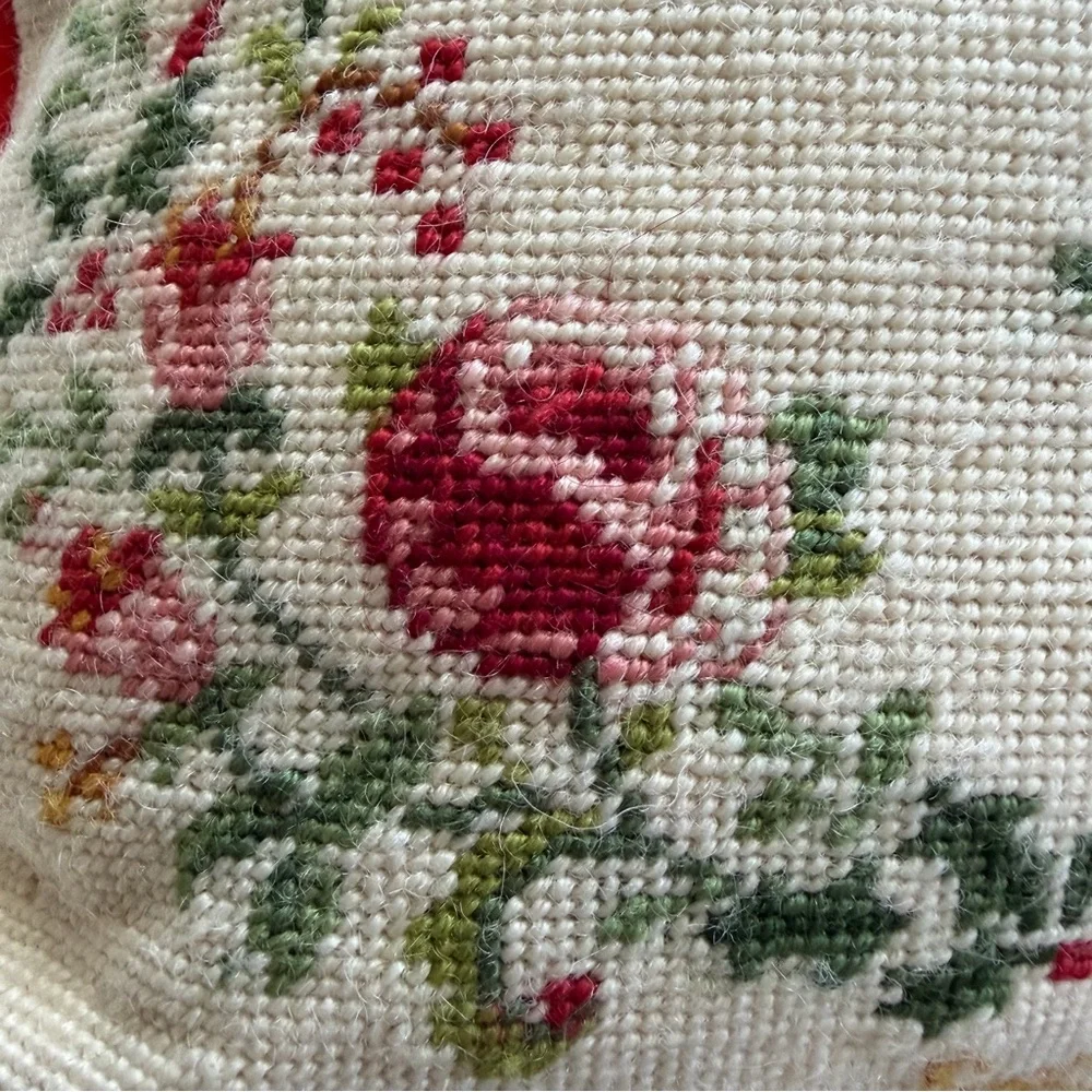 Vintage Needlepoint Pillow “Happy Holidays” Christmas Floral Red Velvet 13” x 12